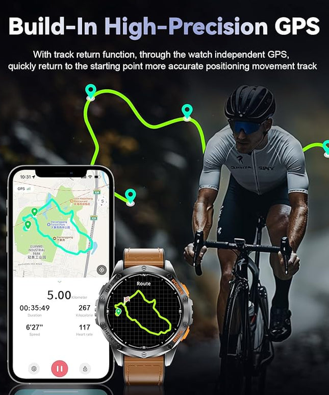 LIGE GPS Smart Watches for Men, Bluetooth Call, LED Flashlight, Compass, 1.43" AMOLED Fitness Watch with Heart Rate/Sleep Monitor, 100+ Sports Modes, iOS Android Compatible, Military Outdoor, Brown