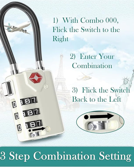 Search Alert TSA Approved Travel Combination Luggage Cable Locks for Suitcase, Gym Locker,Toolbox,Backpack 1,2,4,6 &10 pk (White 2 Pack)