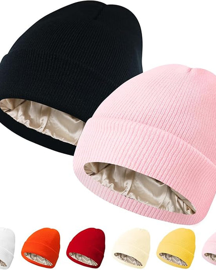 PFFY 2 Packs Womens Satin Lined Beanie Hat Silk Lining Winter Hats Beanies for Women Soft Slouchy Beanie Skull Cap