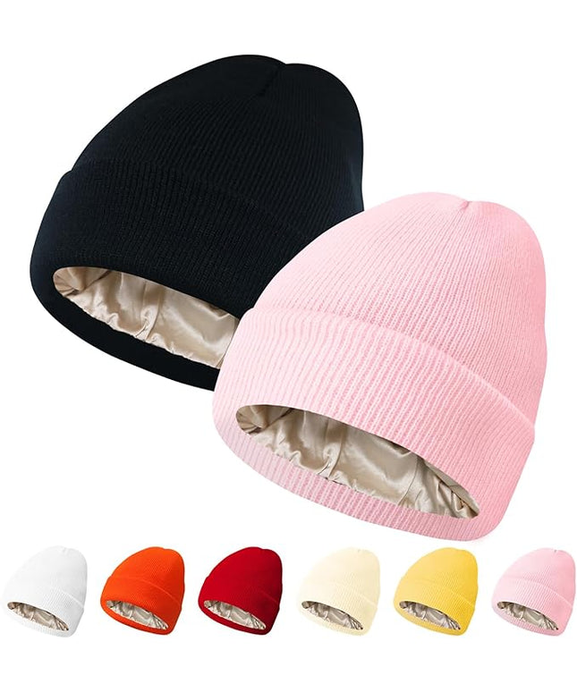 PFFY 2 Packs Womens Satin Lined Beanie Hat Silk Lining Winter Hats Beanies for Women Soft Slouchy Beanie Skull Cap