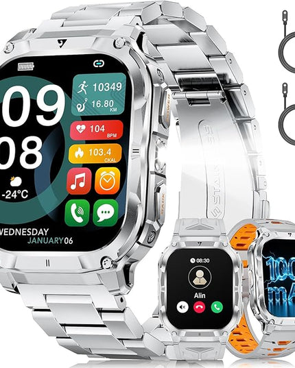 2.0" Military Smart Watch for Men with Flashlight, Make/Answer Calls, 1000mAh, IP68 Waterproof, 100+ Sport Modes Fitness Tracker for Workout Outdoor iOS Android Compatible, Silver