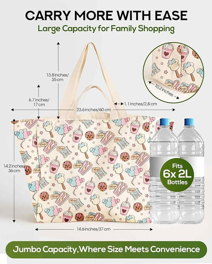 Large Canvas Grocery Tote Bag - Reusable Extra Large Shopping Shoulder Bags with 6 Inner Pockets & 2 Handle Strap