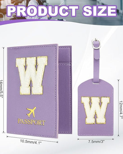 PATIKIL Passport Holder for Travel, Initial Passport Cover and Luggage Tag Set with Alphabet Chenille Letter Patch Travel Wallet Bag Suitcase Identifier for Women Family Travel Purple W