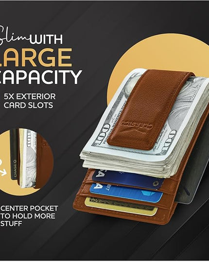 Money Clip Leather Wallet For Men Slim Front Pocket RFID Blocking with Super Strong Magnetic