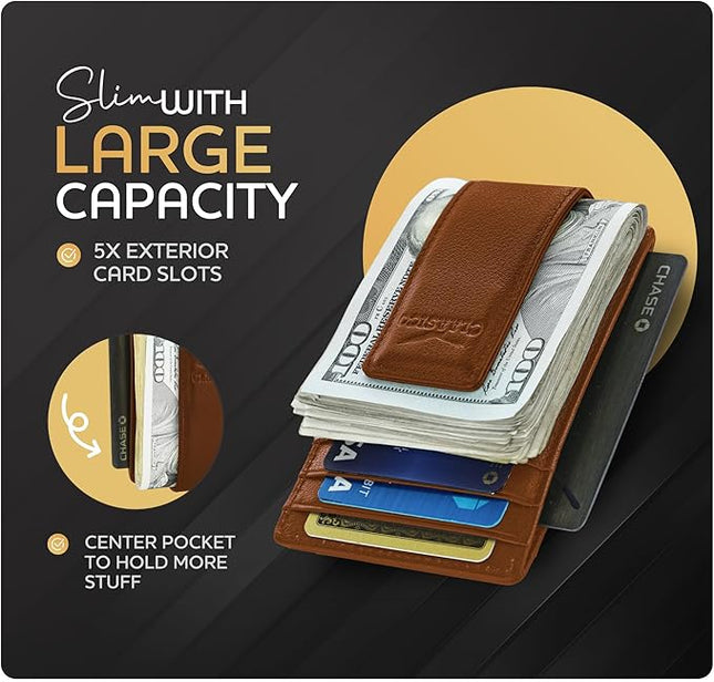 Money Clip Leather Wallet For Men Slim Front Pocket RFID Blocking with Super Strong Magnetic