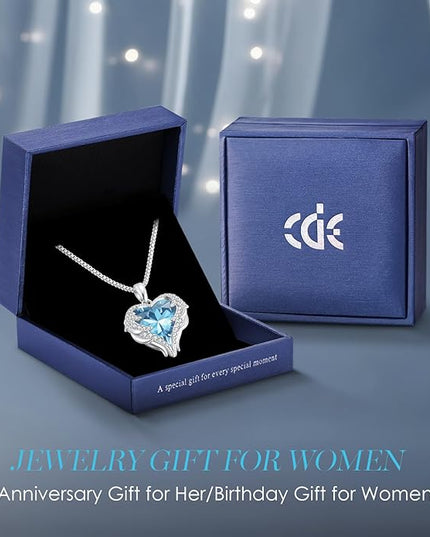 CDE Christmas Gifts for Women Angel Wings Necklace for Women with Birthstone, Love Heart Silver Tone/Gold Tone Pendant, Ideal Anniversary or Birthday Jewelry Gifts for Wife Girlfriend Her