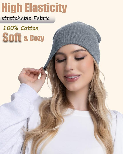 choshion 100% Cotton Beanie Hat, Cuffless Beanies Warm Knit Winter Skull Cap, Unisex Soft Fisherman Hats for Women Men