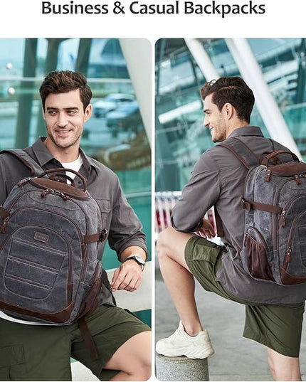 Travel Laptop Backpack 17.3 inch XL Computer Backpack for Men Waxed Canvas College Daypack Business Backpack Black Gray