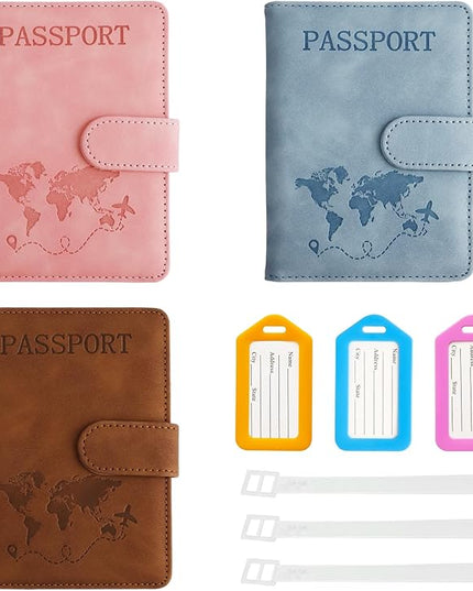 JIABEIUS 3pcs Passport Holder with Luggage Tags, Pu Leather Travel Passport Cover, Waterproof Travel Wallet with RFID Blocker for Credit Cards, Cash, Boarding Passes Women Men