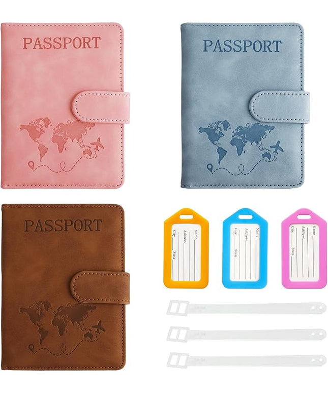 JIABEIUS 3pcs Passport Holder with Luggage Tags, Pu Leather Travel Passport Cover, Waterproof Travel Wallet with RFID Blocker for Credit Cards, Cash, Boarding Passes Women Men
