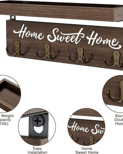buways Wall-Mounted Key and Mail Holder, Wooden Key Rack with 4 Double Key Hooks, Rustic Home Decor for Entryway