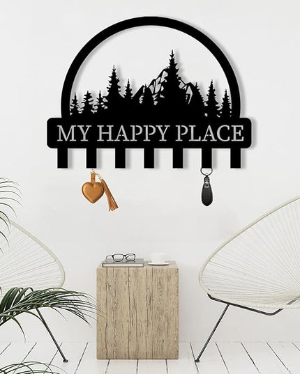Personalized Metal Key Holder for Wall, Metal Wall Mount Custom Name Hooks, My Happy Place Wall Decoration Key Hook, Key Rack for Kitchen, Key Organizer for Living Room, Hallway Key Holder, Home Gift