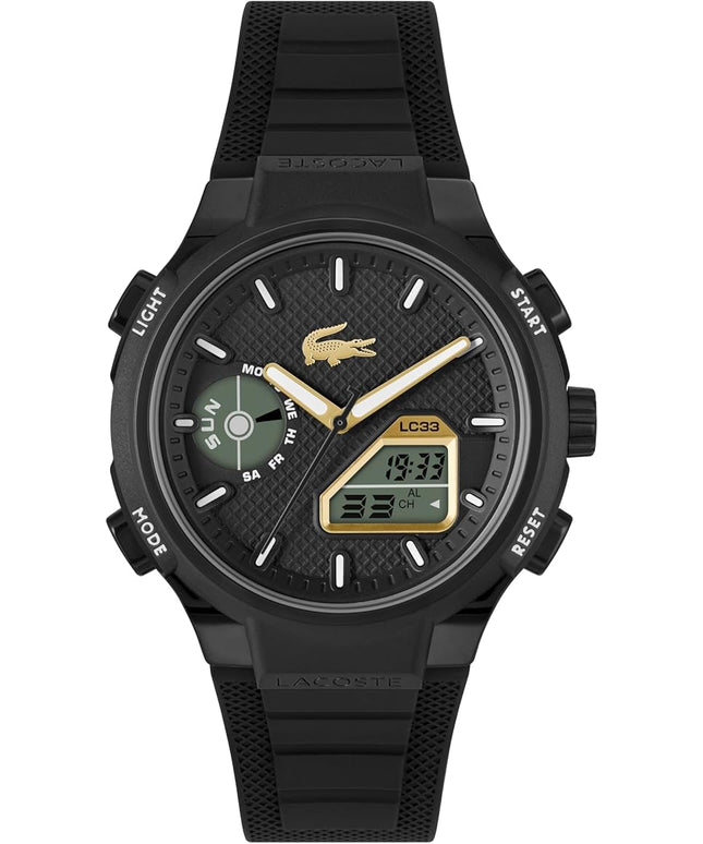 Lacoste LC33 Men's Analog-Digital Watch – TR90 Case, World Clock, Stopwatch, Alarm, Backlight, Textured Silicone Strap, Premium Fashion Timepiece - Gift for Him - 45mm