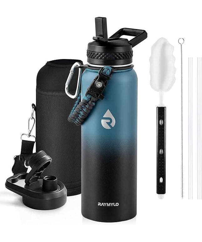 Insulated Water Bottle 40 oz, Triple Wall Vacuum Stainless Steel (Cold for 48 Hrs), Leak Proof & Non-BPA, Modern Water Flask Jug with Paracord Handle & Straw Spout Lids, Indigo/Black