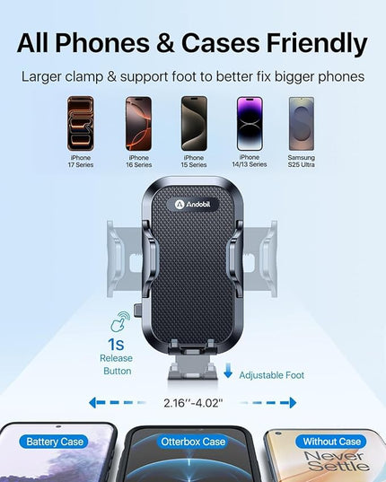 andobil 2026 Military-Grade Car Phone Holder [Upgraded Strongest Suction & Clip] Phone Holders for Your Car, Dashboard Windshield Vent Car Phone Mount for iPhone 17 Pro Max 16 15 14 13 12 Android