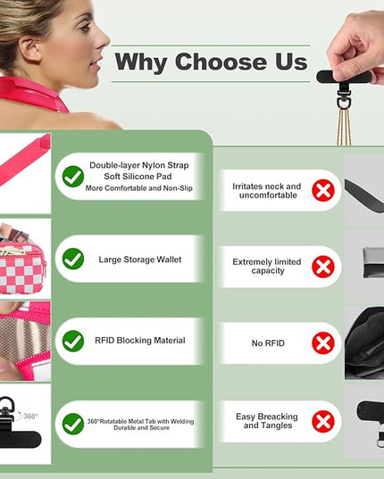 Clip and Go Strap for Phone with Wallet Crossbody, Adjustable Phone Lanyard with Detachable RFID Wristlet Wallet, Phone Strap with Phone Tabs for All Phones, Pink Checkered (M)