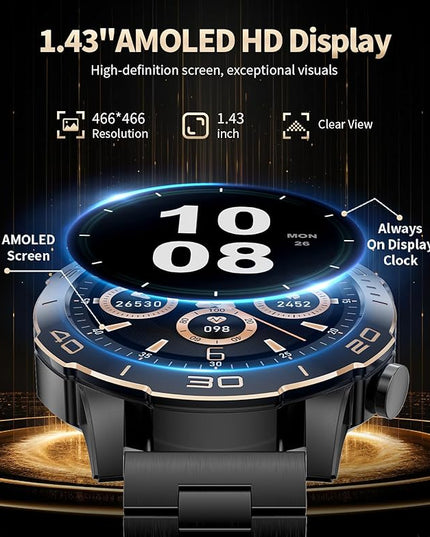 Military Smart Watch for Men(Answer/Calls),1.43''AMOLED Screen,500mAh 5ATM Waterproof,170 Sports Modes, Fitness Tracker Watch with Heart Rate/SpO2/Blood Pressure for Android/iOS,Smartwatch Black