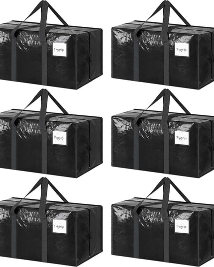 6 Pack Extra Heavy Duty Large Moving Bags with Strong Zipper & Comfortable Handles, Sturdy & Durable Clothes Storage Bags Totes Bins, Packing Moving Boxes for College Supplies, Black