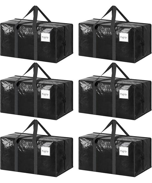 6 Pack Extra Heavy Duty Large Moving Bags with Strong Zipper & Comfortable Handles, Sturdy & Durable Clothes Storage Bags Totes Bins, Packing Moving Boxes for College Supplies, Black