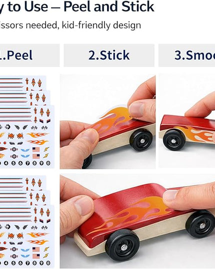 Derby Car Sticker Set for Pinewood Car Derby–Style Cars, Racing Numbers Flags Flames Animals Wings Lights Decals, Peel & Stick Waterproof Vinyl, 6 Sheets