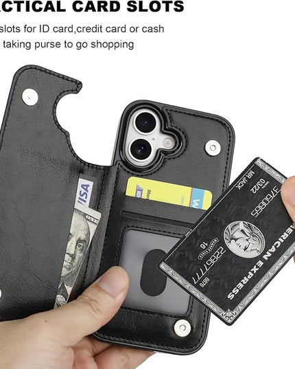 ONETOP Compatible with iPhone 17 Wallet Case with Card Holder, PU Leather Kickstand Card Slots Case, Double Magnetic Clasp and Durable Shockproof Cover 6.3 Inch (Black)