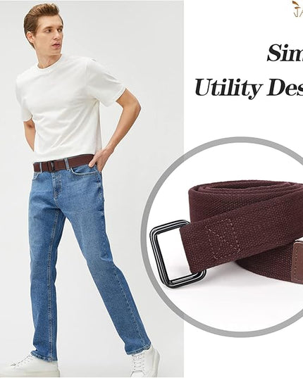 JASGOOD Men Canvas Fabric Belts Casual Web Cloth Belts with Black Double Ring Buckle 2 Pack