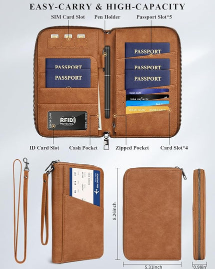 Family Passport Holder Wallet RFID Travel Document Organizer for Women Men, Portable Case Cover for Cards, Boarding Pass with Wrist/Neck Strap, Airtag Pocket, Travel Essentials Gifts -Light Brown, 1pc