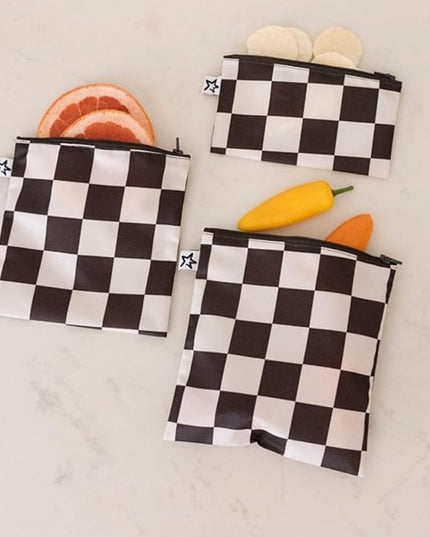 Tiny Twinkle Reusable Snack Bags for Kids – 3 Pack Snack Pouches & Sandwich Bag for Toddlers – Machine Washable, Mess-Proof for Lunch & Travel (Black Checkers)