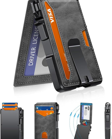 ZALVEX Wallet for Men, Mens Minimalist Wallet 9-13 Cards, Slim Compact Wallet with Money Clip & ID Window, RFID Blocking Smart Pop Up Card Wallet, Metal Aluminum Credit Card Holder Bifold Wallet