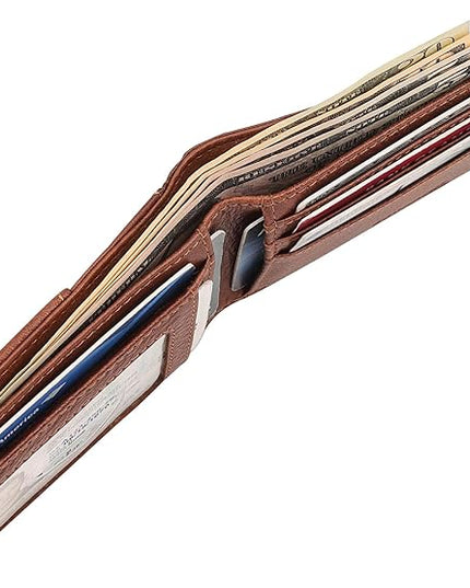 BOTANNER Genuine Leather Mens Bifold Wallet RFID Blocking 7 Credit Card Slots 1 ID Window 1 Section for Bills 2 Additional Slots | Tan
