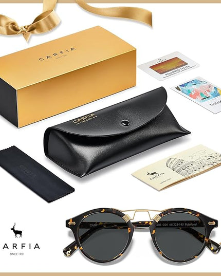 CARFIA Small Face Acetate Polarized Sunglasses for Women UV Protection, Retro Double Bridge Eyewears Metal Brow Round Sunnies
