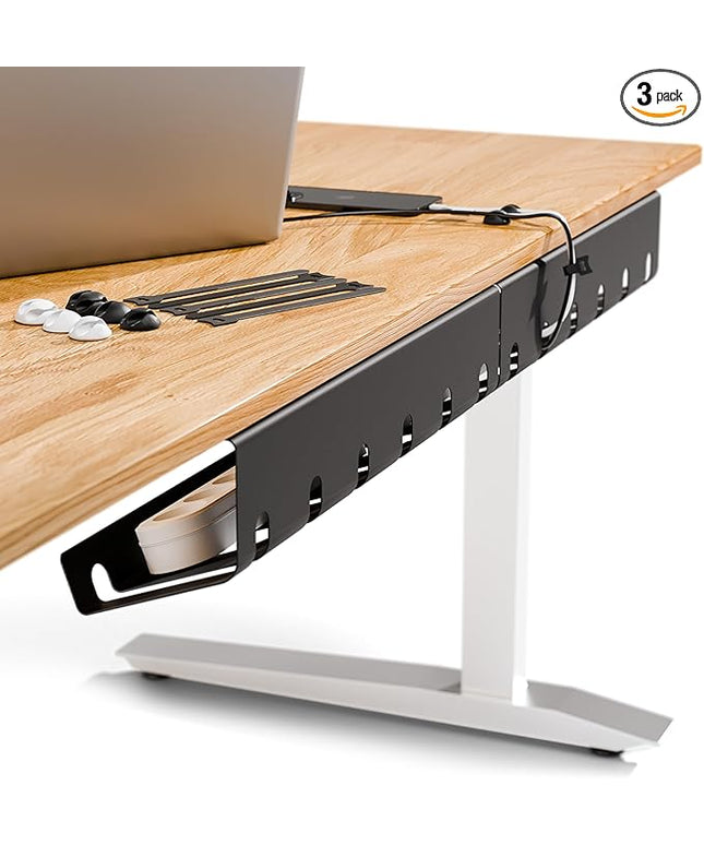 PAMO Cable Management Under Desk for Easy mounting Under-Table I Set of 3 - with 10X Cable Ties I Desk Organizer for Office/Home Office Table Thoughtful Cable Tray Holder