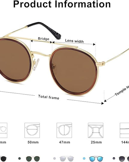 SOJOS Retro Vintage Round Polarized Sunglasses for Women Men Small Double Bridge Circle Sunnies SJ1104