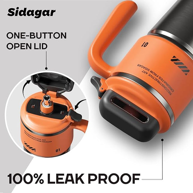 32 oz Stainless Steel Insulated Water Bottle with Handle, Sports Tumbler with Lid and Straw, Push-button Leak-proof Travel Cup, Fits in Car Cup Holder - Dynamic Orange