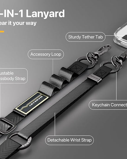 MAGEASY 2-IN-1 Cell Phone Lanyard Crossbody + Wrist Strap with Phone Tether Tab & Accessory Loop & Keychain Compatible with iPhone Most Smartphones | Click and Go Strap for Travel Anti Theft (Black)