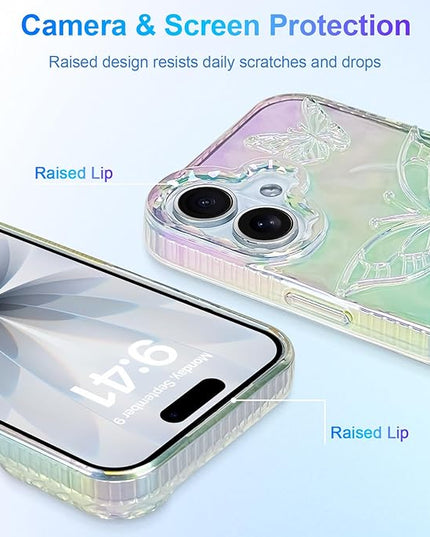 Cute Case for iPhone 17 Case for Women Girls, with 3D Butterflies Pattern Design, Aesthetic Clear Iridescent Glitter Kawaii Girly Rainbow Protective Phone Cover