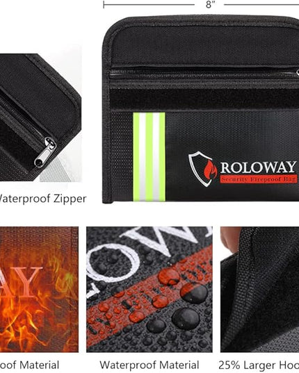 ROLOWAY Small Fireproof Bag (5 x 8 inches) with Reflective Strip, Fireproof Money Bag for Cash, Valuables, Passport, Currency & Keys (2-Pack Black)