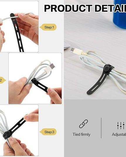 42 Pcs Silicone Cable Ties Reusable Cord Straps Multipurpose Elastic Cable Organizer for Bundling Fastening Earphone Phone Charger Home Office School (Black)