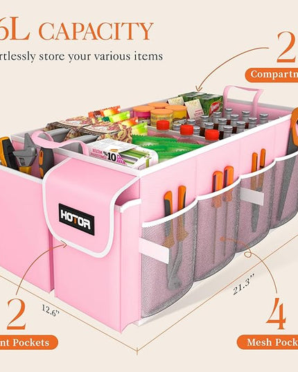 HOTOR Foldable Trunk Organizer for SUVs & Sedans, Pink, 2 Compartments, 21.3"12.6"10.6
