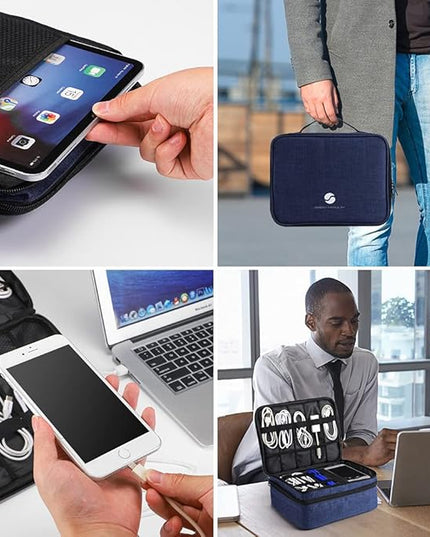 ORIENT FAMULAY Travel Electronics Organizer, Waterproof Cable Organizer Bag for Electronic Accessories Double Layer Large Shockproof Cable Storage Bag for Cord, Power Bank, Tablet(Up to iPad 11 inch) - Royal Blue