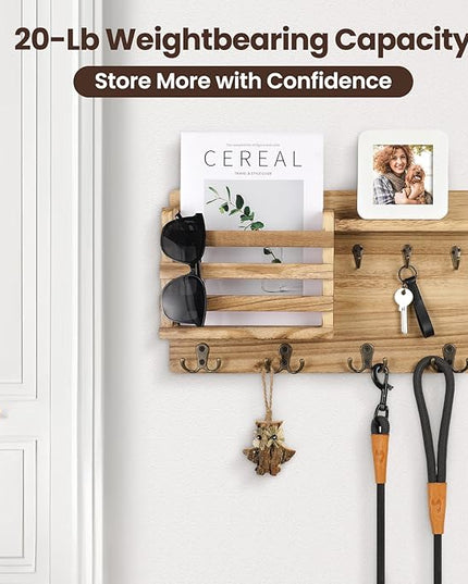 Nekon Mail Holder for Wall Mail Organizer with Key Hooks Hallway Farmhouse Decor Storage Racks with Floating Shelf and Flush Mount Hardware (16.8Inch x 10Inch x 3.2Inch) (Wood)