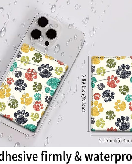 Phone Card Holder, Dual Pocket Leather Wallet Adhesive Stick On, Cute Credit Card Holder for Smartphones Case Compatible with Most Phone（Animal footprints）