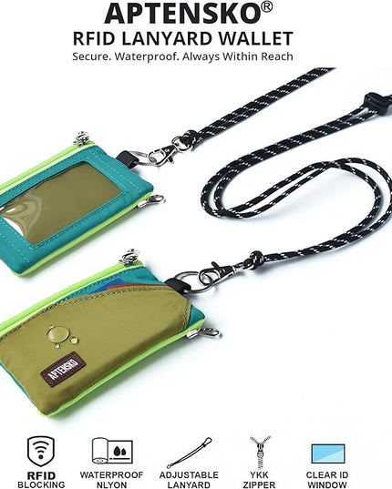 RFID Travel Wallet with Adjustable Lanyard-Zipper Small Wallet with ID Card Holder, Keychain for women&men-Minimalist Slim Waterproof Nylon case for ID, Cash, Key (OliveGreen+Turquoise)