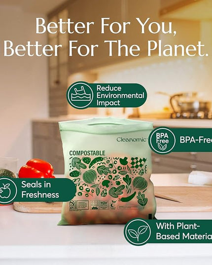 Cleanomic Compostable* Quart Size Food Storage Bags (25 Eco Zip) Freezer and Leak Proof, Also Available Gallon, Snack and Sandwich Size Bags