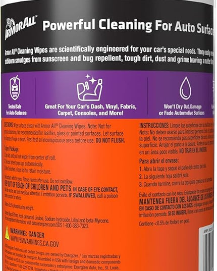 Armor All Car Cleaning Wipes,Canister,Powerful Car Wipes for Dashboards,Vinyl,Clear Plastics,Carpet and Fabric,90 Count (Pack of 6)