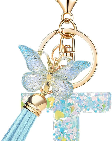 Fashion Alphabet Initial Letter Keychain Tassel Butterfly Pendant Key Ring for Purse Handbags Women Girl