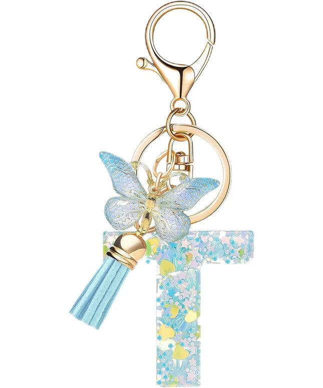 Fashion Alphabet Initial Letter Keychain Tassel Butterfly Pendant Key Ring for Purse Handbags Women Girl