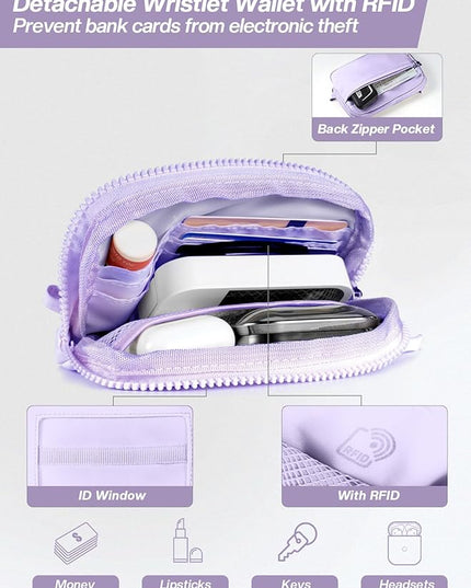 Clip and Go Strap for Phone with Wallet Crossbody Phone Lanyard Adjustable and Detachable RFID Wristlet Wallet with ID Window and Zipper, Purple
