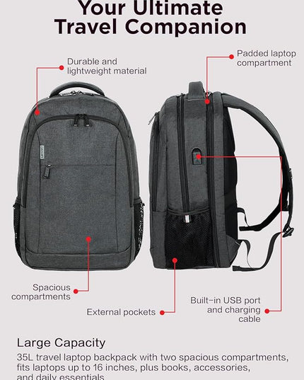 Lenovo B325 Laptop Backpack, Grey, 17-Inch, Water-Resistant Travel Backpack with External USB Port, Anti-Theft Design, Luggage Strap, for Men & Women, Perfect for Work, School, and Travel