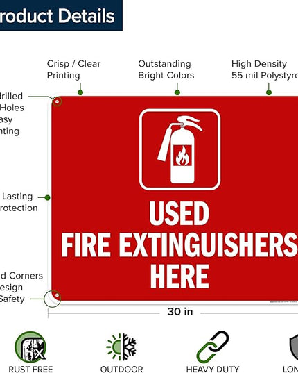 Used Fire Extinguishers Here Sign, 24x30 Inches, 55 mil thick HDPS (high density polystyrene), Made in USA by My Sign Center